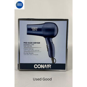 Conair Mid-Size Blue Hair Dryer 2 Heat Speed Settings 1875 Watts
